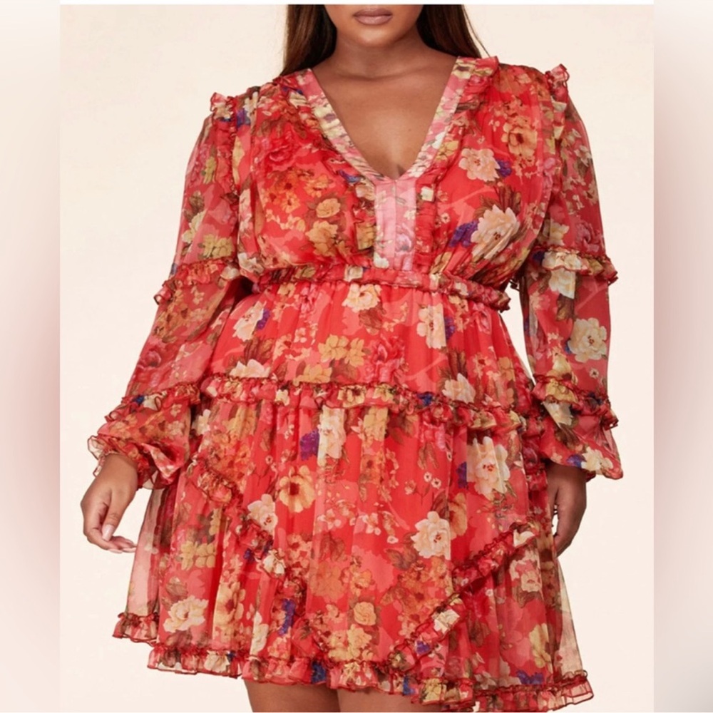 L'ATISTE Red Ruffled Tiered Long Sleeve Dress